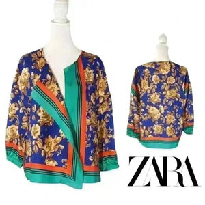 ZARA-   Floral Satin Blouse 3/4 sleeves V neck Sz S - NWOT